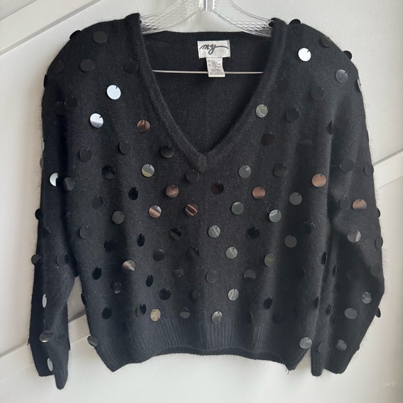 Ming Wang Black V-Neck Silk Angora Sweater with Sequins Vintage 80s Black size S - Picture 3 of 5